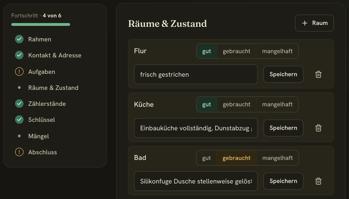 Übergabeprotokoll mit Fortschrittsleiste und der Liste der Räume, jeweils mit Zustand gut, gebraucht oder mangelhaft und einer Notiz.