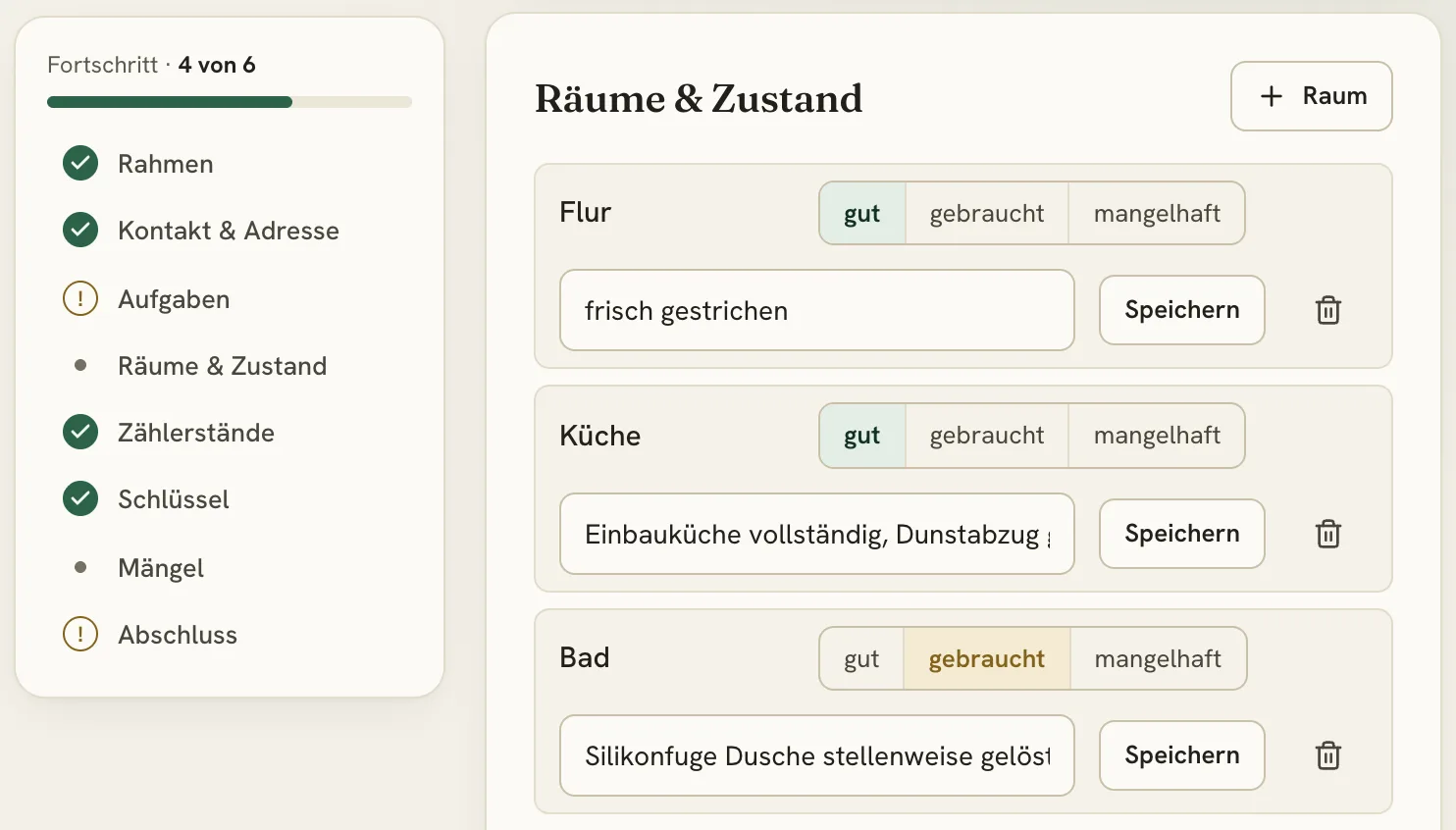 Übergabeprotokoll mit Fortschrittsleiste und der Liste der Räume, jeweils mit Zustand gut, gebraucht oder mangelhaft und einer Notiz.